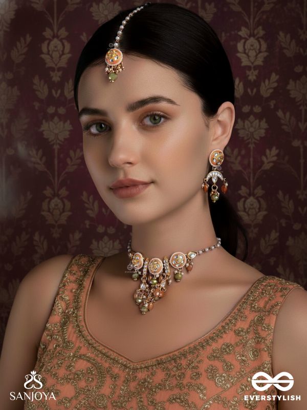 RAGTANIKA - COLORED COMPOSITION- HERITAGE STYLE KUNDAN SET WITH NECKPIECE, EARRINGS AND MAANGTIKA