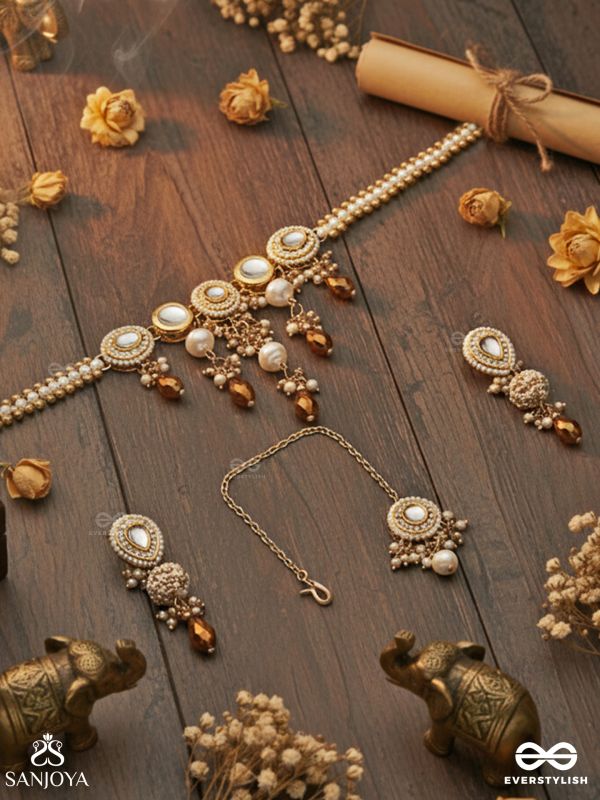 KANAKLEKHA - GOLDEN GLEAM- HANDCRAFTED KUNDAN SET WITH NECKPIECE, EARRINGS AND MAANGTIKA