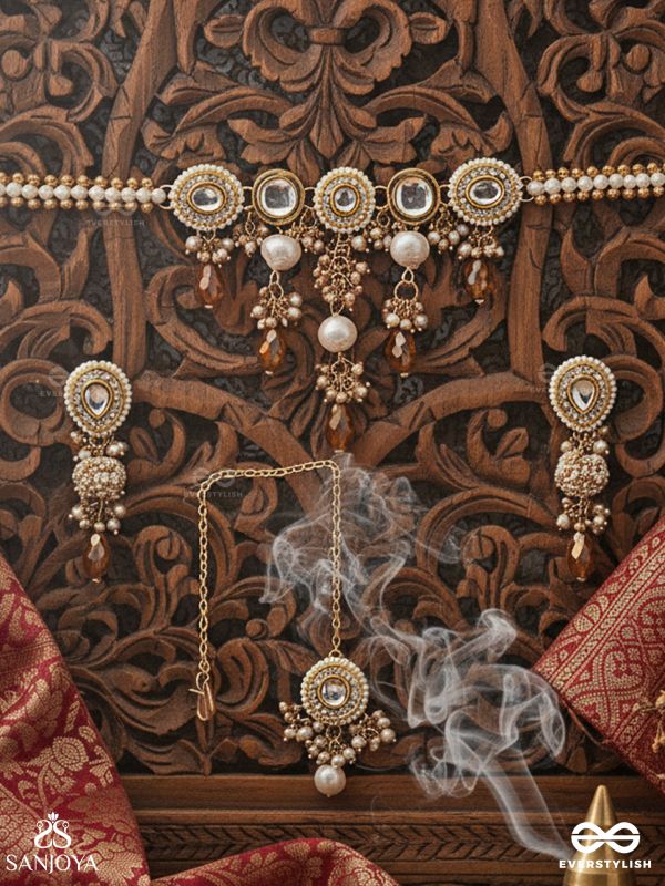 KANAKLEKHA - GOLDEN GLEAM- HANDCRAFTED KUNDAN SET WITH NECKPIECE, EARRINGS AND MAANGTIKA