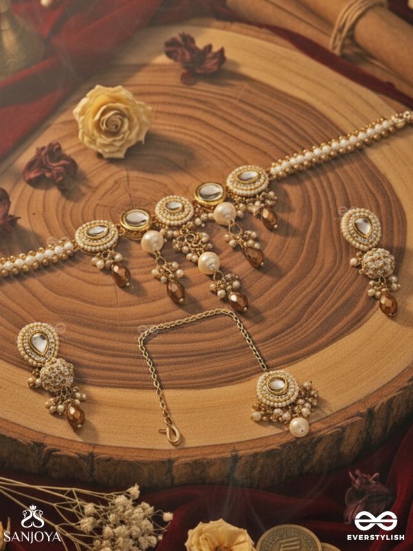KANAKLEKHA - GOLDEN GLEAM- HANDCRAFTED KUNDAN SET WITH NECKPIECE, EARRINGS AND MAANGTIKA