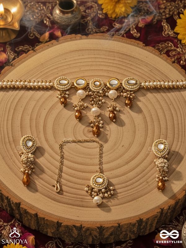 KANAKLEKHA - GOLDEN GLEAM- HANDCRAFTED KUNDAN SET WITH NECKPIECE, EARRINGS AND MAANGTIKA