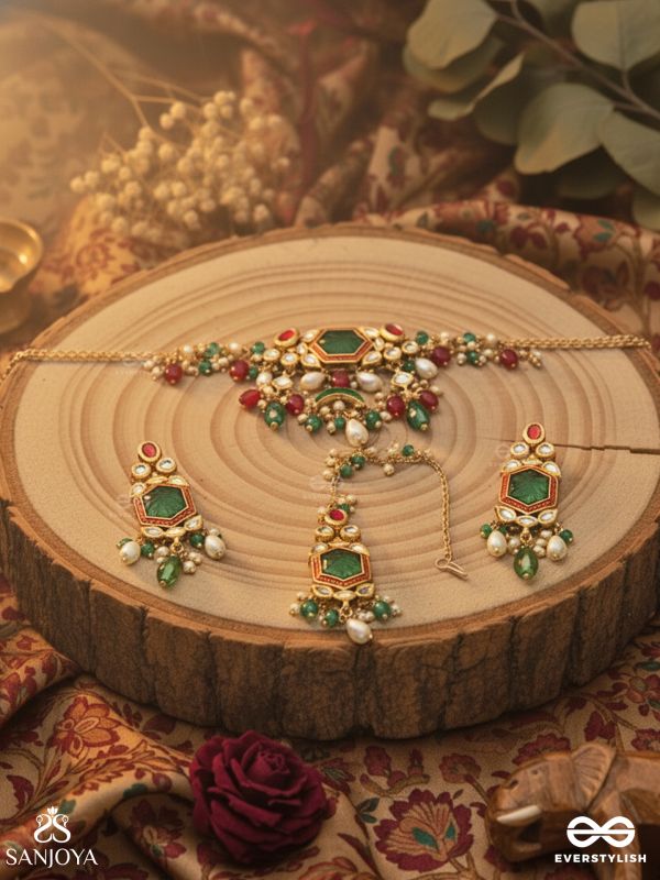 HARARASA - ESSENCE OF GREEN- HANDCRAFTED KUNDANSET WITH CHOKER NECKPIECE, EARRINGS AND MAANGTIKA