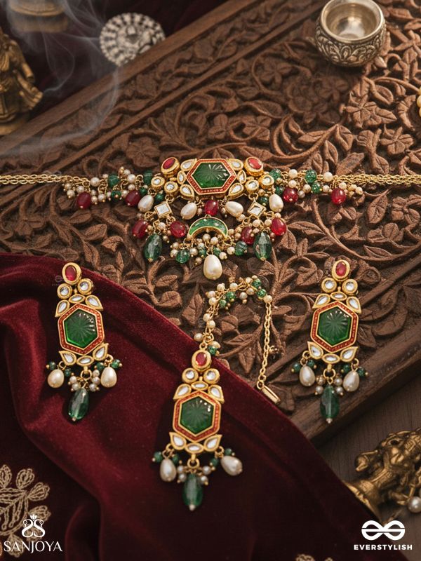 HARARASA - ESSENCE OF GREEN- HANDCRAFTED KUNDANSET WITH CHOKER NECKPIECE, EARRINGS AND MAANGTIKA