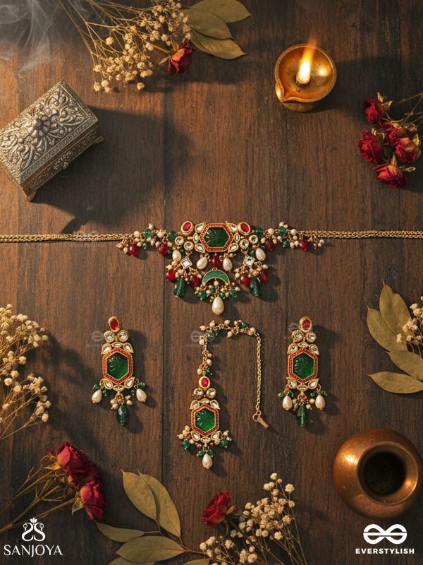 HARARASA - ESSENCE OF GREEN- HANDCRAFTED KUNDANSET WITH CHOKER NECKPIECE, EARRINGS AND MAANGTIKA