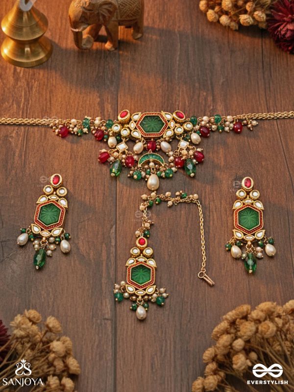 HARARASA - ESSENCE OF GREEN- HANDCRAFTED KUNDANSET WITH CHOKER NECKPIECE, EARRINGS AND MAANGTIKA