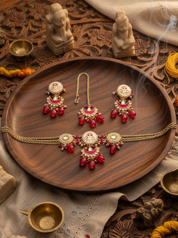 KAMALANGI - LOTUS-BODIED - FLORAL ENAMELLED KUNDAN SET WITH NECKPIECE, EARRINGS AND MAANGTIKA