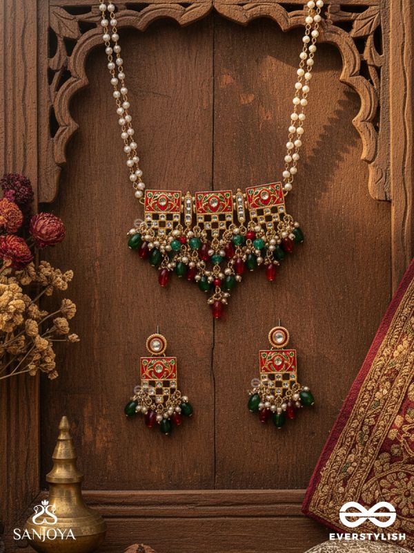 SHUBHADRA - AUSPICIOUS BEAUTY- GEOMETRIC KUNDAN ENAMELLED SET WITH NECKPIECE AND EARRINGS