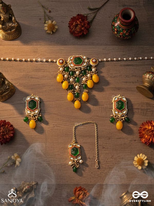 PITAMBRINI - ADORNED IN YELLOW - KUNDAN HANDCRAFTED SET WITH NECKPIECE, EARRINGS AND MAANGTIKA