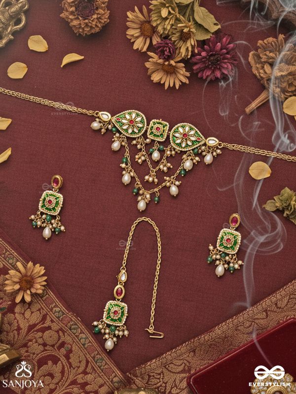 VANDEVI - GODDESS OF THE FOREST - GRACEFUL KUNDAN SET WITH NECKPIECE, EARRINGS AND MAANGTIKA