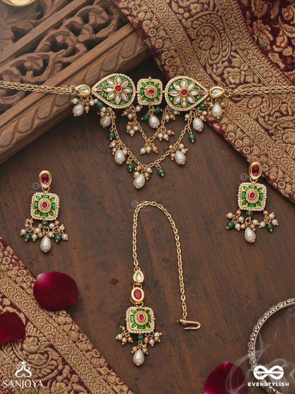 VANDEVI - GODDESS OF THE FOREST - GRACEFUL KUNDAN SET WITH NECKPIECE, EARRINGS AND MAANGTIKA