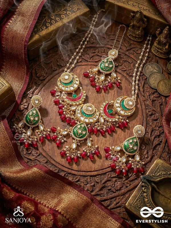 SINDURYA - SCARLET RAYS - GRAND CRESCENT KUNDAN SET WITH NECKPIECE, EARRINGS AND MAANGTIKA