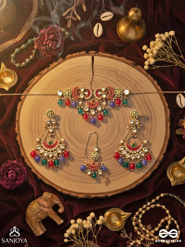 RANGAMAYA - FILLED WITH COLORS - INTRICATE KUNDAN SET WITH NECKPIECE, EARRINGS AND MAANGTIKA