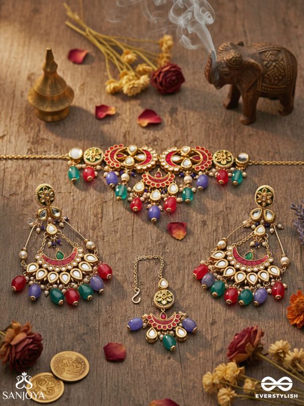 RANGAMAYA - FILLED WITH COLORS - INTRICATE KUNDAN SET WITH NECKPIECE, EARRINGS AND MAANGTIKA