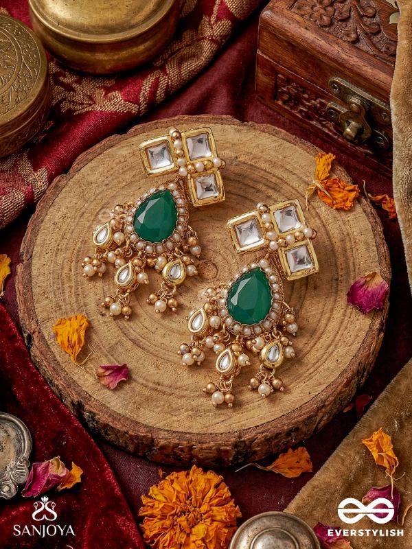 SHOBHANA - THE GRACEFUL ONE - KUNDAN STUDDED EARRINGS WITH ROYAL GREEN CENTER AND PEARL DROPS