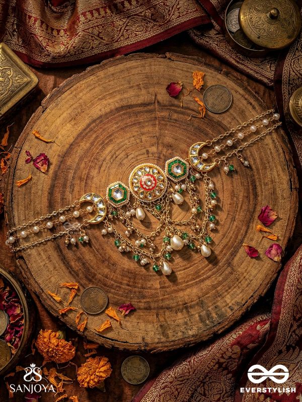RANGINI – REGAL BLOOM- KUNDAN POLKI CHOKER WITH GREEN ENAMEL, PEARL DROPLETS & CRESCENT ACCENTS