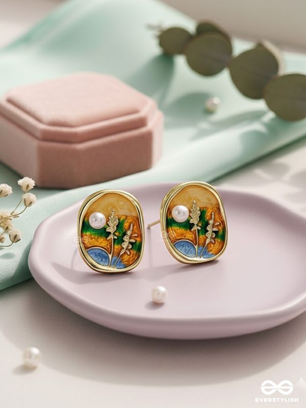 SUNLIT BLOOM-  ENAMEL EARRINGS WITH FLORAL MOTIF AND PEARLS