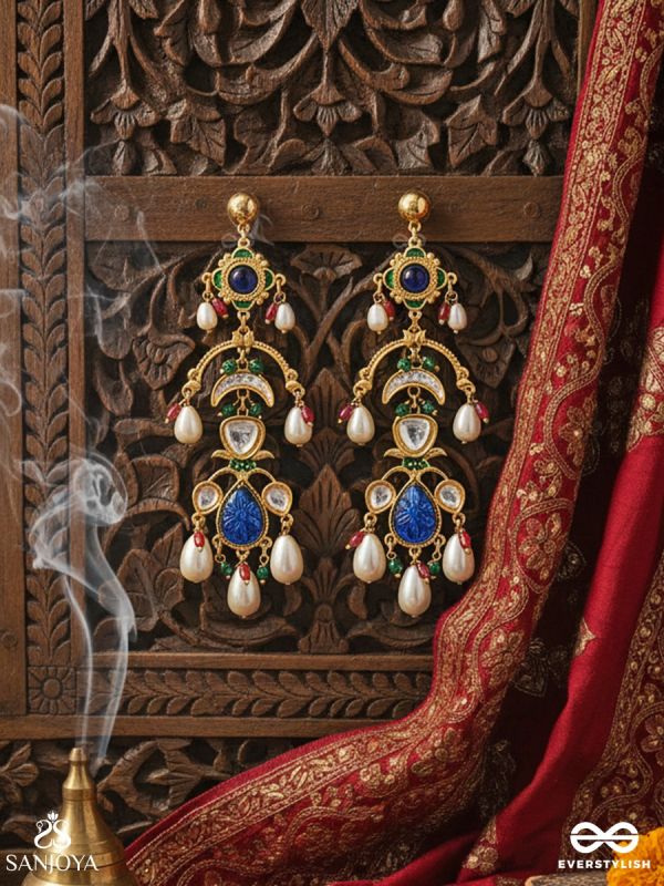 NEELAMBARI – DRAPED IN MIDNIGHT BLUE – TRADITIONAL DROP EARRINGS WITH DEEP BLUE ENAMEL WORK, GREEN STONE HIGHLIGHTS AND PEARL ACCENTS