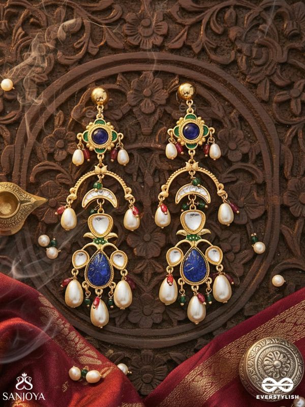 NEELAMBARI – DRAPED IN MIDNIGHT BLUE – TRADITIONAL DROP EARRINGS WITH DEEP BLUE ENAMEL WORK, GREEN STONE HIGHLIGHTS AND PEARL ACCENTS