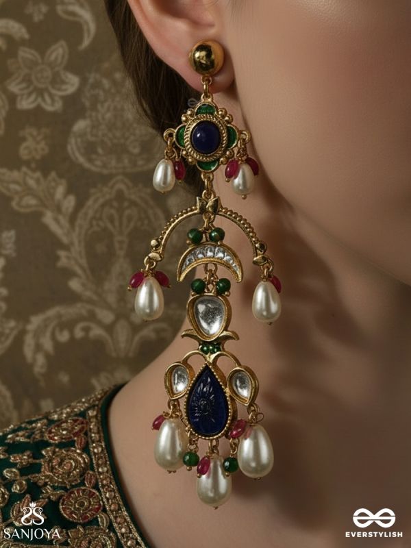 NEELAMBARI – DRAPED IN MIDNIGHT BLUE – TRADITIONAL DROP EARRINGS WITH DEEP BLUE ENAMEL WORK, GREEN STONE HIGHLIGHTS AND PEARL ACCENTS