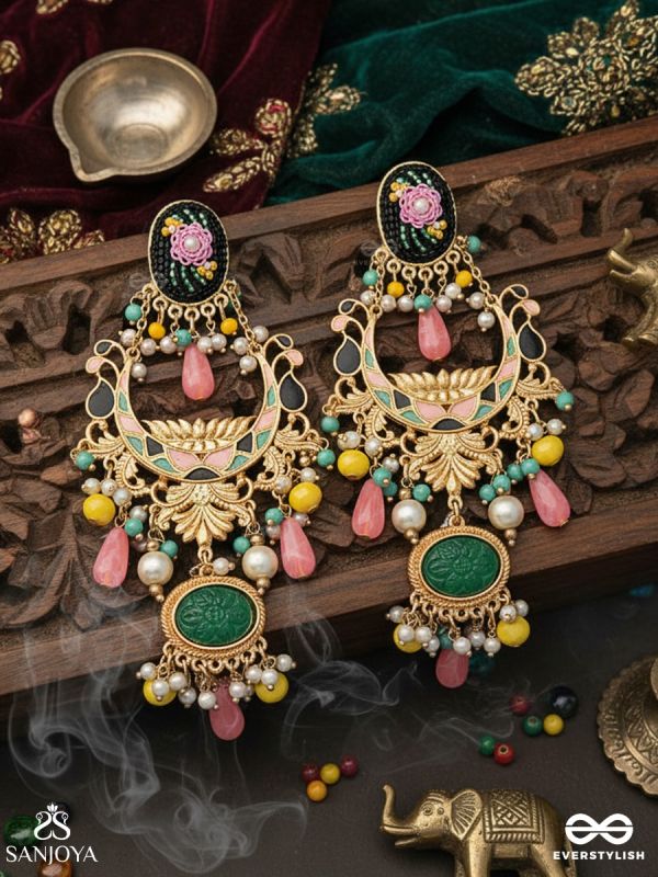 PUSHKALAA – ABUNDANCE IN BLOOM – STATEMENT EARRINGS WITH FLORAL ENAMEL DETAIL, JADE-TONE ELEMENTS AND SOFT PEACH DROPS