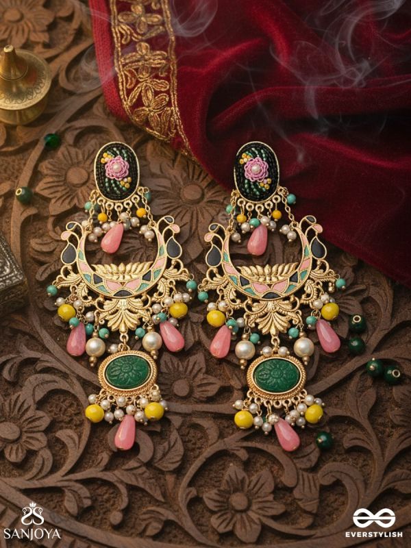 PUSHKALAA – ABUNDANCE IN BLOOM – STATEMENT EARRINGS WITH FLORAL ENAMEL DETAIL, JADE-TONE ELEMENTS AND SOFT PEACH DROPS