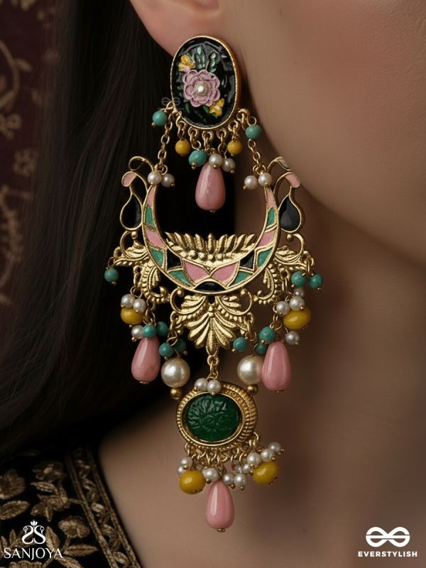 PUSHKALAA – ABUNDANCE IN BLOOM – STATEMENT EARRINGS WITH FLORAL ENAMEL DETAIL, JADE-TONE ELEMENTS AND SOFT PEACH DROPS