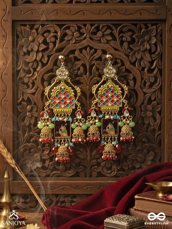  RANGDARSHAN – VISION IN COLOUR – ORNAMENTED EARRING WITH CHECKERED ENAMEL WORK, MINI JHUMKAS AND MULTI-COLOUR BEAD ACCENTS