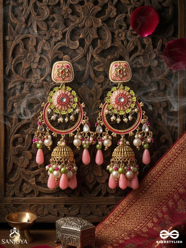 PADMREKHA – OUTLINE OF THE LOTUS – ORNAMENTAL EARRINGS WITH FLORAL ENAMEL WORK, PEACH MULTI-HANGING BEAD DETAILS AND A CLASSIC JHUMKA FORM
