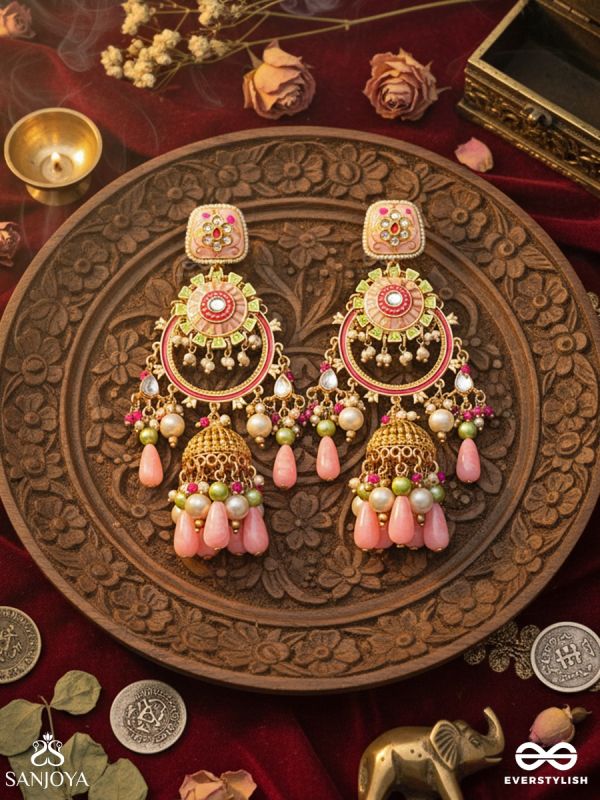 PADMREKHA – OUTLINE OF THE LOTUS – ORNAMENTAL EARRINGS WITH FLORAL ENAMEL WORK, PEACH MULTI-HANGING BEAD DETAILS AND A CLASSIC JHUMKA FORM