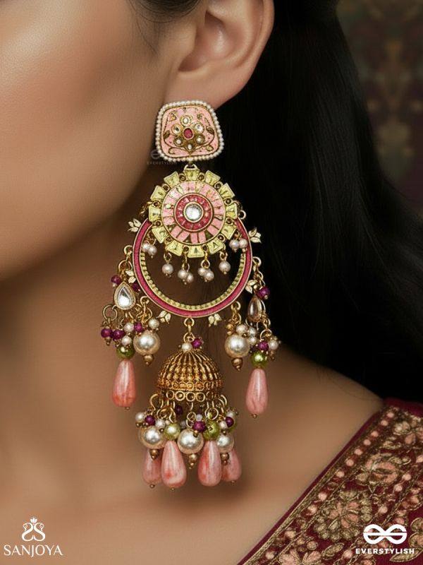 PADMREKHA – OUTLINE OF THE LOTUS – ORNAMENTAL EARRINGS WITH FLORAL ENAMEL WORK, PEACH MULTI-HANGING BEAD DETAILS AND A CLASSIC JHUMKA FORM