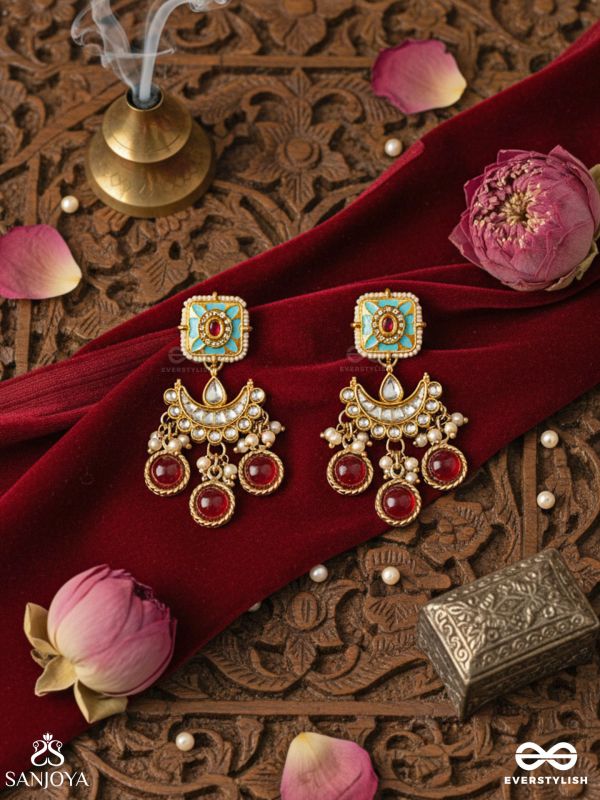 RATNAVALLI-GARLAND OF GEMS – GOLDEN ENAMEL CHARM EARRINGS WITH TURQUOISE CENTER AND RED TRIPLE DROPS