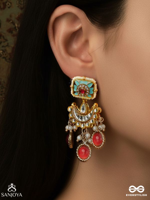 RATNAVALLI-GARLAND OF GEMS – GOLDEN ENAMEL CHARM EARRINGS WITH TURQUOISE CENTER AND RED TRIPLE DROPS