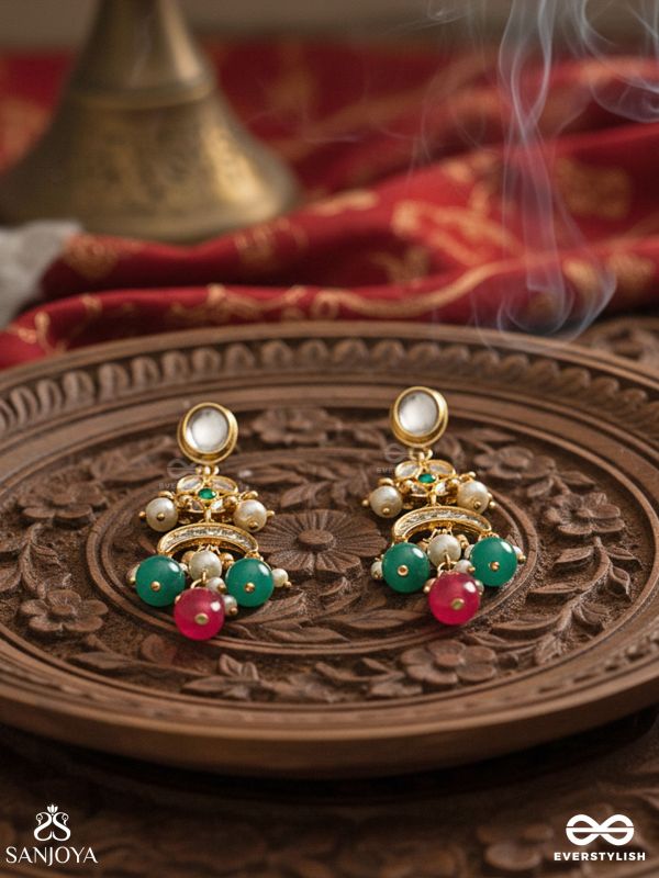 SHUBHANGI – AUSPICIOUS BEAUTY – DELICATE GOLDEN EARRINGS WITH PEARLS, EMERALD BEADS AND MAGENTA DROP