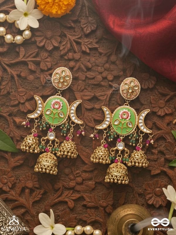 KALANIDHI – TREASURE OF ART – ORNATE CRESCENT GOLD DROP EARRINGS WITH ENAMEL AND TRIPLE BELLS