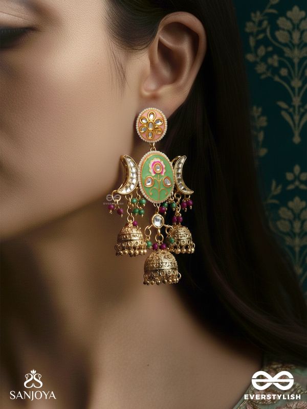 KALANIDHI – TREASURE OF ART – ORNATE CRESCENT GOLD DROP EARRINGS WITH ENAMEL AND TRIPLE BELLS