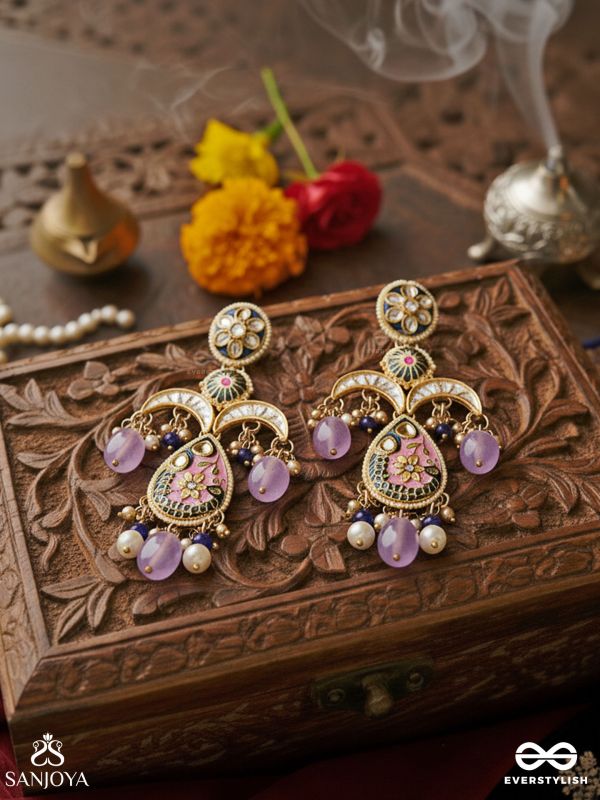 MRIGIKA – SOFT BEAUTY – GOLD TEARDROP CHARM EARRINGS WITH LAVENDER DROPS