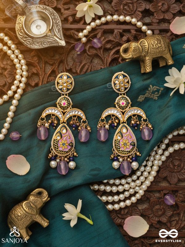 MRIGIKA – SOFT BEAUTY – GOLD TEARDROP CHARM EARRINGS WITH LAVENDER DROPS