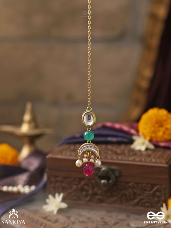 SUGANDHIKA – FRAGRANT BLOOM – GOLDEN CHARM MAANGTIKA WITH GREEN BEAD AND BRIGHT PINK DROPLET