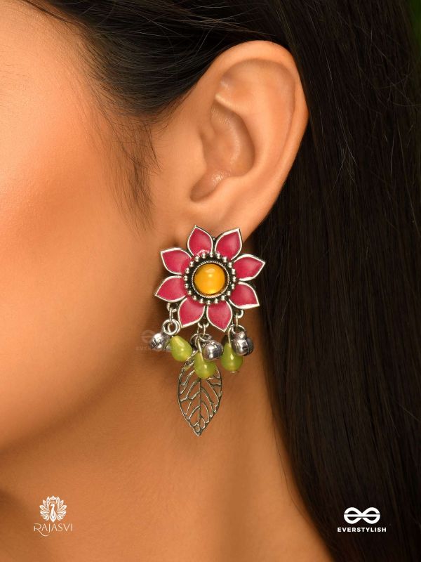 DESI FLORA – ENAMELLED OXIDISED DANGLERS WITH LEAF ACCENTS