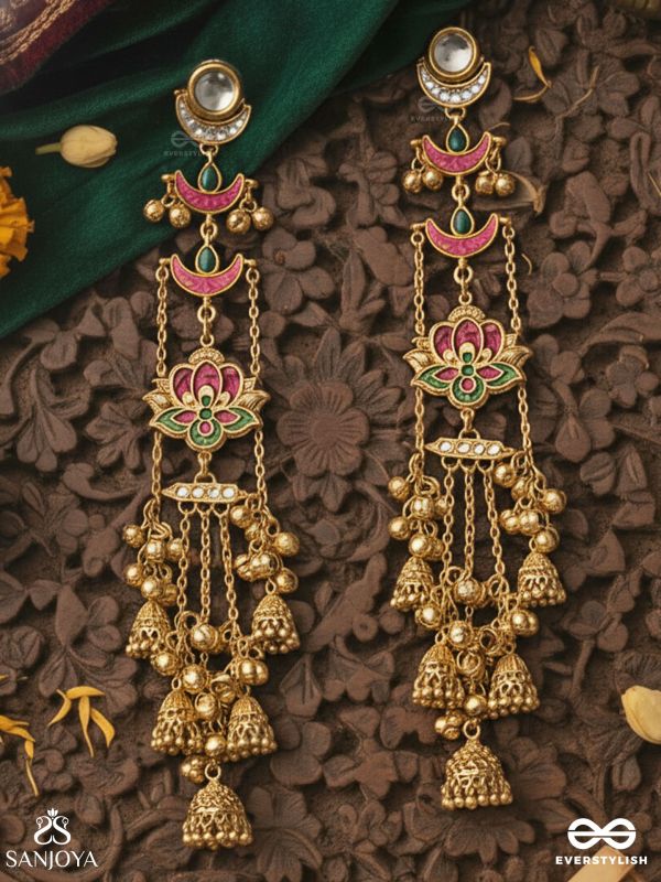 KALYANIKA – AUSPICIOUS ONE – TRADITIONAL ORNATE LOTUS KASHMIRI CHAIN EARRINGS WITH MULTI-LAYER BEAD WORK