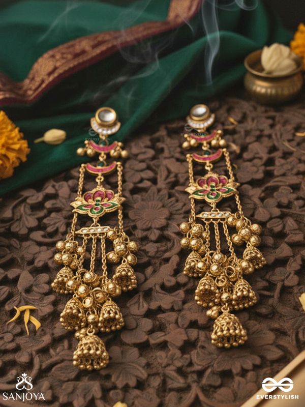 KALYANIKA – AUSPICIOUS ONE – TRADITIONAL ORNATE LOTUS KASHMIRI CHAIN EARRINGS WITH MULTI-LAYER BEAD WORK