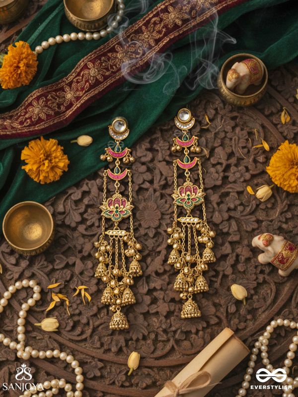 KALYANIKA – AUSPICIOUS ONE – TRADITIONAL ORNATE LOTUS KASHMIRI CHAIN EARRINGS WITH MULTI-LAYER BEAD WORK
