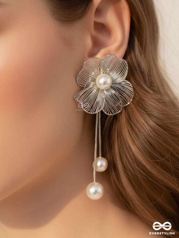PETAL CASCADE – SILVER FLORAL EARRINGS WITH PEARL DROPS