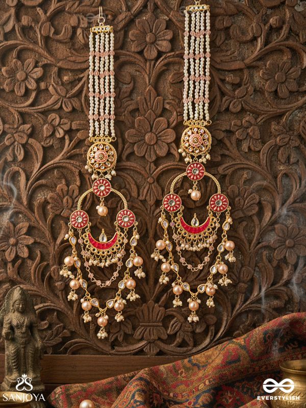 PADMALI – LOTUS GIRL – GOLD & PINK MOTIF WITH PEARL HANGINGS EARRINGS