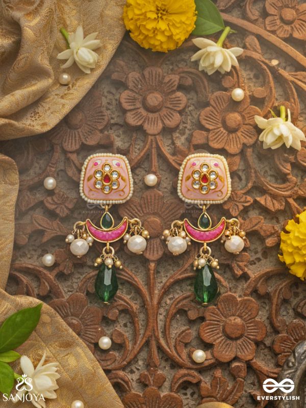 VARNASHRI – COLOURFUL GRACE – PINK CRESCENT MOTIF EARRINGS WITH EMERALD DROP AND PEARL HANGINGS