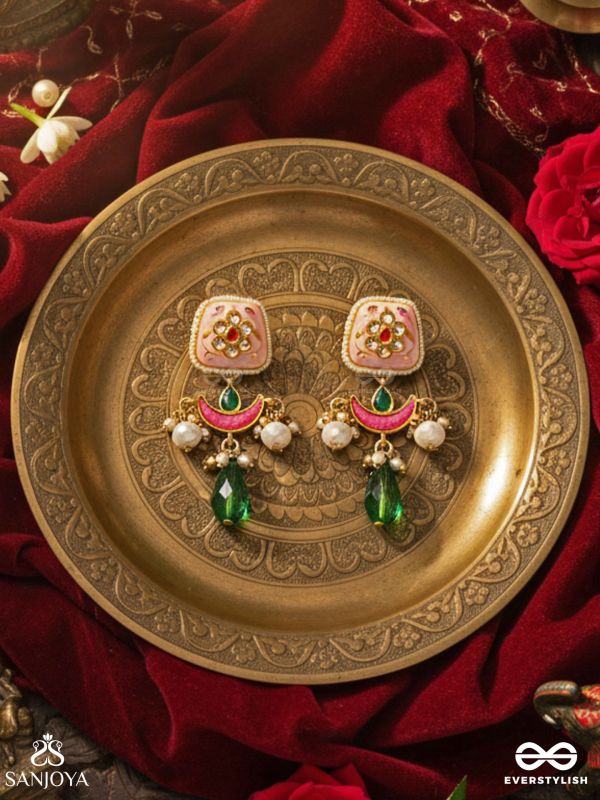 VARNASHRI – COLOURFUL GRACE – PINK CRESCENT MOTIF EARRINGS WITH EMERALD DROP AND PEARL HANGINGS