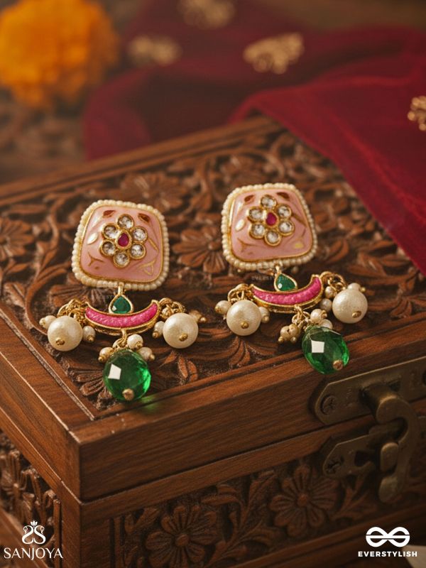 VARNASHRI – COLOURFUL GRACE – PINK CRESCENT MOTIF EARRINGS WITH EMERALD DROP AND PEARL HANGINGS