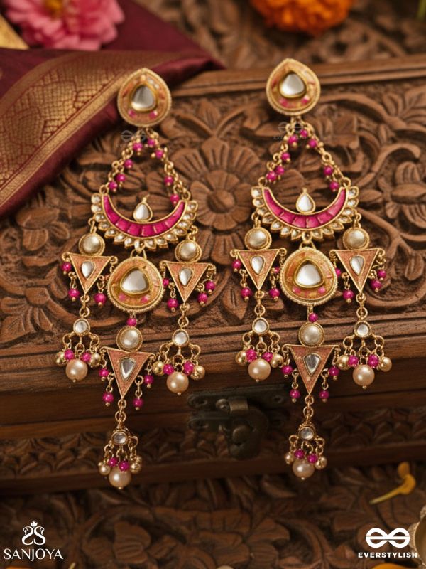 RUPANJALI – OFFERING OF BEAUTY – PINK-GOLD MULTI-TIER DROP EARRINGS WITH PEARLS AND CRYSTAL MOTIFS