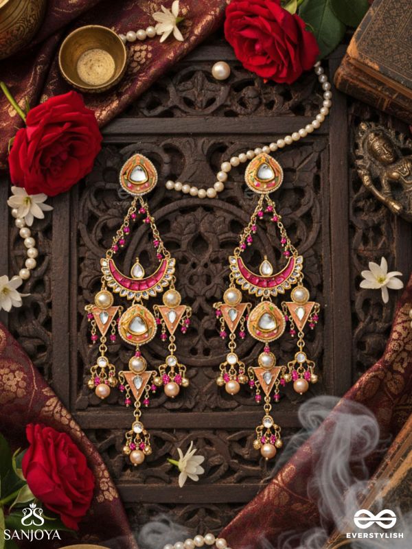 RUPANJALI – OFFERING OF BEAUTY – PINK-GOLD MULTI-TIER DROP EARRINGS WITH PEARLS AND CRYSTAL MOTIFS
