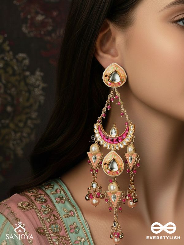 RUPANJALI – OFFERING OF BEAUTY – PINK-GOLD MULTI-TIER DROP EARRINGS WITH PEARLS AND CRYSTAL MOTIFS
